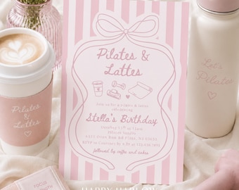 Pilates Party Birthday Invitation, Editable Template, Pilates and Lattes Hand Drawn Invite, Birthday Invite, Pink Coquette, Whimsical 479A