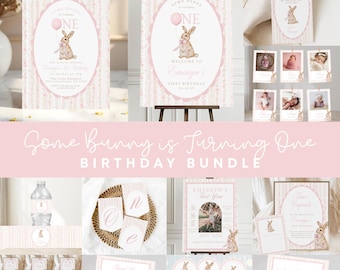 Coquette Vintage Bunny First Birthday Bundle, Some bunny is turning one, 1st birthday bundle, Floral, Bows Bunny Pink Bow Easter Spring 701B