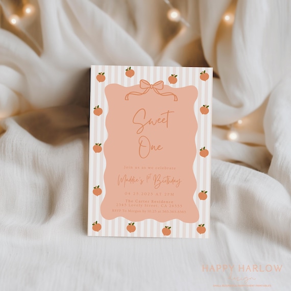 Hand Drawn Peach Birthday Coquette, Sweet as a Peach Invitation Template, She's a Sweet One Peach 1st Birthday, Summer Whimsical 704A