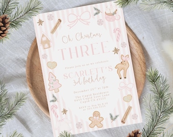 Christmas Pink Girl Third Birthday Invitation, Oh Christmas Three, Gingerbread Christmas Birthday Download Coquette Bows Whimsical 031GN