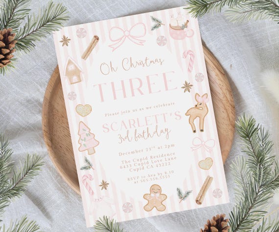 Christmas Pink Girl Third Birthday Invitation, Oh Christmas Three, Gingerbread Christmas Birthday Download Coquette Bows Whimsical 031GN