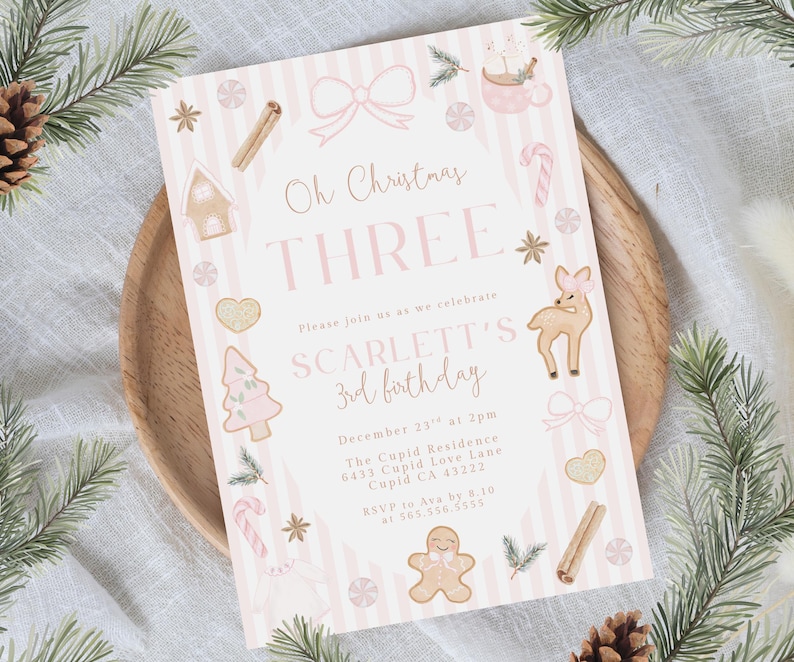 Christmas Pink Girl Third Birthday Invitation, Oh Christmas Three, Gingerbread Christmas Birthday Download Coquette Bows Whimsical 031GN image 1