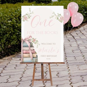 One for the books, Pink Book First Birthday Welcome Sign, Book Themed Birthday Party, Library Theme Party Sign, Editable Instant 578WS