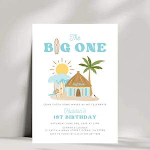 The Big One Invitation, 1st Birthday Invite Template, Surf Beach Theme, Surfs Up, Boy or Girl Bday Party, Kids, Digital Download 701
