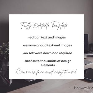 May include: A white card with the text "Fully Editable Template" in elegant script. The card lists features like editing text and images, adding or removing elements, and accessing design elements. It also mentions that Canva is free and easy to use.