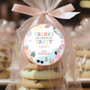 Bearbeitbare Pool Party Favor StickersTropical Splish Splash Girl Pool Party Essen Geschenktasche Danke Sommer Swim Pool Party Sofortiger Download 552TYS