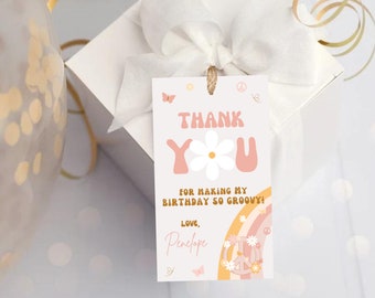 EDITIERBARE Erster Geburtstag Groovy One Birthday Party Favor Tags, Gänseblümchen Retro Geschenkanhänger Vorlage 70er Jahre Groovy One Thank You Tag 734 FT