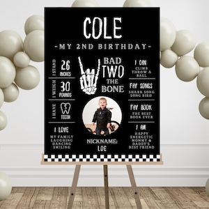 Bad TWO The Bone 2nd Birthday Party Milestone Sign, Skeleton Hand Party Sign, Instant Download, Editable Template, My 2nd Year Stats 532MP