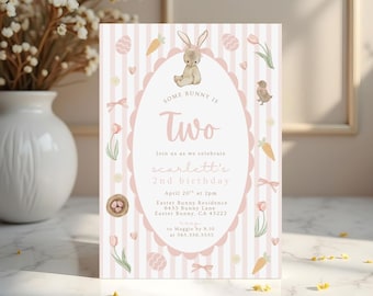 Bunny Birthday Invitation Template, Somebunny is Turning Two Editable Invitation, Girl Second Birthday Invite, Coquette Bows 612B