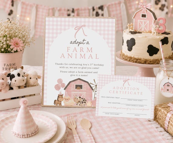 Adopt an Animal Adoption Certificate, Farm Animals Adoption Pink Barn Party Decor Sign, Pink Barnyard Printable Certificate Download 027AS