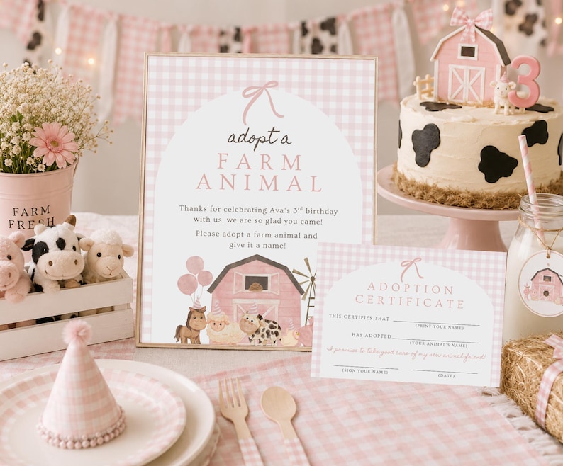 May include: A farm-themed birthday party setup with a cake, decorations, and a sign that reads "adopt a FARM ANIMAL". The cake has a farm animal theme. The decorations include a banner and stuffed animals.