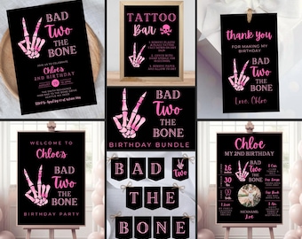May include: A collection of black and pink birthday party decorations. Includes invitations, a welcome sign, a banner, a thank you tag, and a sign that says "Tattoo Bar". The theme is "Bad Two The Bone".