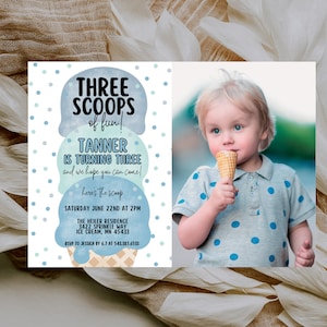 Editable Ice Cream Truck Three Scoops Of Fun 3rd Birthday Party Invitation Ice Cream 3rd Birthday Three Scoops Of Fun Instant Download 548FP