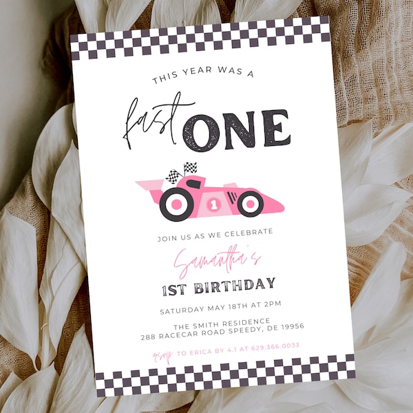 Girl First Lap Birthday Invitation, Fast ONE Birthday Invitation, Race on Over, Race Car Party, Pink, Start Your Engines, Fast One 744A