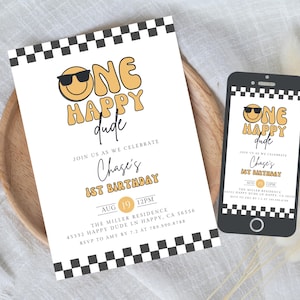 Editable One Happy Dude First Birthday Invitation Text Invite, Electronic Cool Boy 1st Birthday Party Invite Mobile Templates 726C