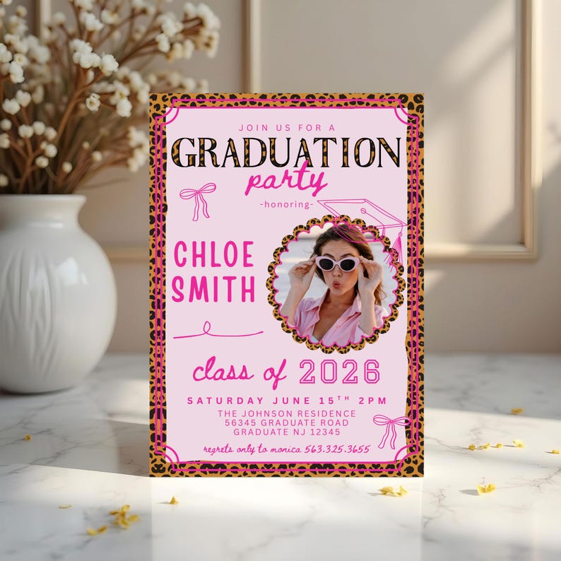Leopard Graduation Invitations Pink Bow Graduation Invitation, Canva Template, Editable Girly Grad ...