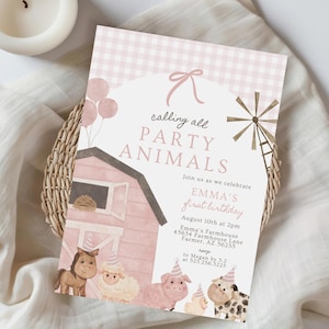 May include: A pink and white invitation with the text "calling all PARTY ANIMALS" and "EMMA'S first birthday". The invitation features illustrations of farm animals, a barn, and a windmill. The invitation is on a woven basket.