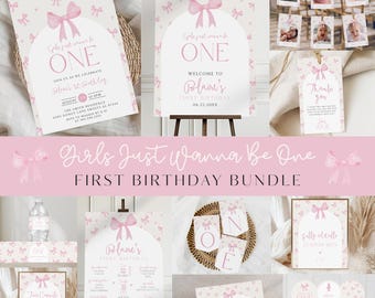 May include: A pink and white first birthday party bundle with bow and heart patterns. Includes invitations, welcome signs, thank you cards, and cupcake toppers. The text reads "Girls Just Wanna Be One".