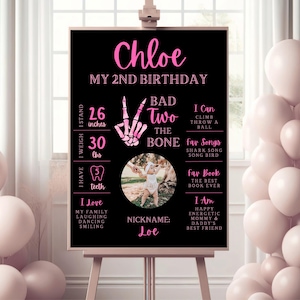 Bad TWO The Bone 2nd Birthday Party Milestone Sign, Skeleton Hand Party Sign, Instant Download, Editable Template, My 2nd Year Stats 530MP