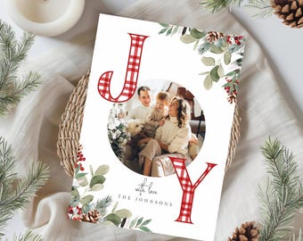 Christmas Card Photo Template, Photo Holiday Card, Coquette Plaid Christmas Card, Gingham Plaid Christmas Card, Editable Download 400Q