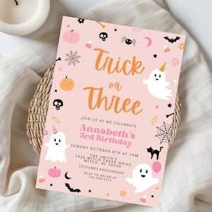 Trick or Three Invitation, EDITABLE Halloween 3rd Birthday Invitation Ghost Invitation Spooky Invitation Spooktacular, Pink Gold  502H