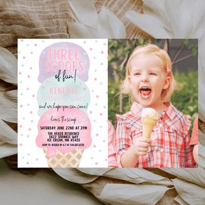 Editable Ice Cream Truck Three Scoops Of Fun 3rd Birthday Party Invitation Ice Cream 3rd Birthday Three Scoops Of Fun Instant Download 549BP