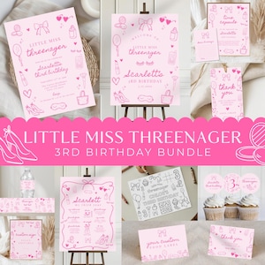 Little Miss Threenager-paket, Threenager-mode och smink, inbjudan till flickas 3-årsdag, handritad rosett med kokett, 588B bild 1
