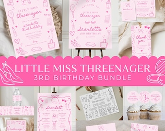 Little Miss Threenager Bundle, Threenager Fashion & Makeup, Girl 3rd Birthday Invitation, Coquette Hand Drawn Bow,  588B