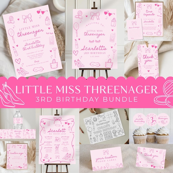 Little Miss Threenager Bundle, Threenager Fashion & Makeup, Girl 3rd Birthday Invitation, Coquette Hand Drawn Bow,  588B