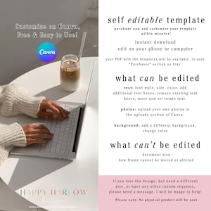 May include: A laptop with a white keyboard is on a white table next to a glass of iced coffee. The image includes text that says "Customize on Canva, Free & Easy to Use!" and "self editable template". The Happy Harlow logo is at the bottom.