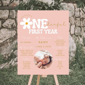 Op de afbeelding: Een roze en gouden eerste verjaardagsbord met een madeliefje-afbeelding en de tekst "*NEderful First Year". Het bord bevat informatie over het gewicht van het kind, zijn bijnaam, zijn favoriete speelgoed en zijn woorden.