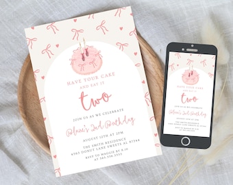 Have Your Cake and Eat It TWO Birthday Party Invitation, Girl Coquette Birthday Invite, Second Birthday Girl, Editable Template 848I