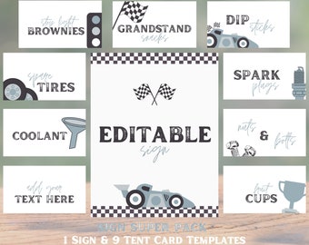 Racecar Food Tent Labels, Editable Template, Blue Racecar Birthday, Fast One, Food Labels, Editable Sign, Cards & Gifts Sign, 745TC