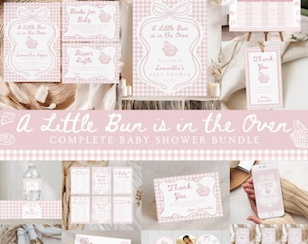 Mall för babyshowerpaket med bulle i ugnen | Redigerbar handritad könsinbjudan med rosa bulle i ugnen, gör-det-själv-babyshower 485A