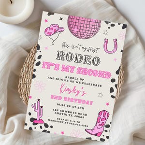 Editable My Second Rodeo Invitation Cowgirl Birthday Invite Wild West Cowgirl 2nd Rodeo Southwestern Disco Template Instant Download 756B