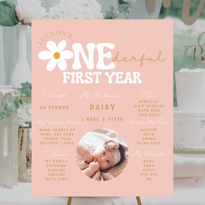 Op de afbeelding: Een roze en witte eerste verjaardagsbord met een grote witte madeliefje en de tekst "Lennon's One-derful First Year". Het bord bevat details over het gewicht van het kind, zijn bijnaam, zijn favoriete speelgoed en woorden.