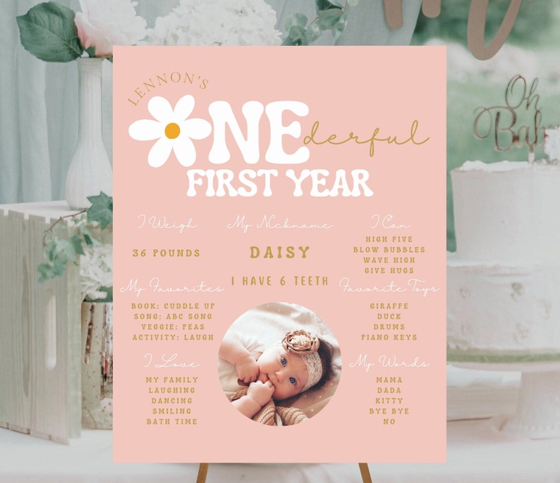 Op de afbeelding: Een roze en witte eerste verjaardagsbord met een grote witte madeliefje en de tekst "Lennon's One-derful First Year". Het bord bevat details over het gewicht van het kind, zijn bijnaam, zijn favoriete speelgoed en woorden.