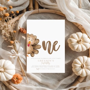Our Little Turkey Boy 1st Birthday Invitation | Our Little Turkey is One Fall Thanksgiving Bday Editable Invite Template, 015A