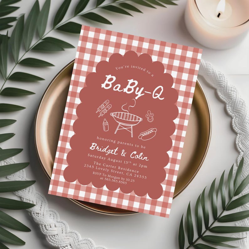 May include: A Baby-Q invitation card with a red and white gingham pattern background. The invitation features a scalloped edge with the text "Baby-Q" and event details. The card includes illustrations of a grill, hot dog, and baby bottle.