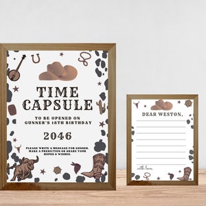 CÁPSULA DEL TIEMPO Mi primer rodeo Letrero y tarjeta para el primer cumpleaños, decoraciones de cumpleaños de vaqueros editables, decoración de juegos de cumpleaños 718TC