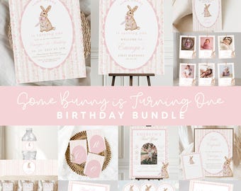 Coquette Vintage Bunny First Birthday Bundle, Some bunny is turning one, 1st birthday bundle, Boho, Floral, Bunny Pink Bow Easter Spring 701