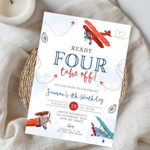 Airplane 4th Birthday Boy Invitation, Ready Four Take Off Plane 4th Birthday Party, Pilot Helicopter Birthday, Aviation Birthday Party 859F