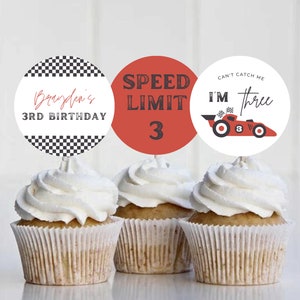 Can&#39;t Catch Me I&#39;m Three, Boy Racecar 3rd Birthday Party Cupcake Toppers, Editable Template Race on Over, Vintage Race Car Party Red 708CT2