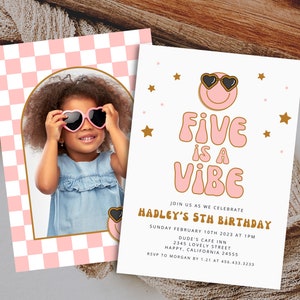 Five is a Vibe, 5th Birthday Invitation Girl, Smiley Face Birthday, Happy Face Invites, Checkered, Digital Download 725G
