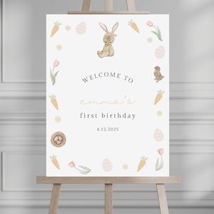 イースターバニーの誕生日ウェルカムサイン、Somebunnyが1歳になるウェルカムポスター、女の子の1歳の誕生日春、イースターの誕生日ウェルカム、024WS1