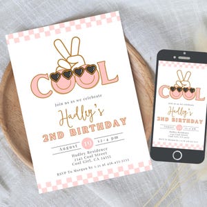 Two Cool Invite Girl, Smile Face Birthday Invitation, Smiley Birthday 2nd Invitation, Two Cool Checkered Invitation, Girl 2nd Birthday 725F