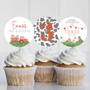 Three-I-E-I-O Birthday Editable Cupcake Toppers, Farm Birthday Cupcake Toppers, Tractor and Farm Birthday, Instant Download Template, 094CT