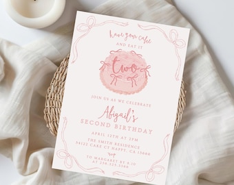 Have Your Cake and Eat It TWO Birthday Party Invitation, Girl Coquette Birthday Invite, Second Birthday Girl, Editable Template 848B