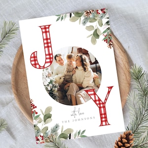 Christmas Card Photo Template, Photo Holiday Card, Minimalist Christmas Card, Gingham Christmas Card, Editable Download 400Q