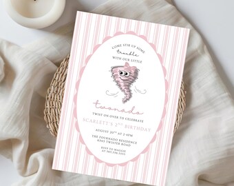 Girl Twonado Birthday Party Invitation | Coquette Bows 2nd Birthday Invitation | Instant Editable Template | 2nd Birthday Invite PINK 615B